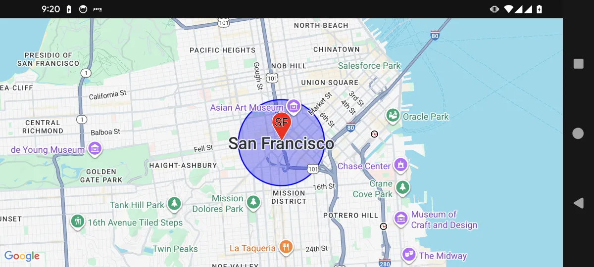 マーカーと円が描画された地図